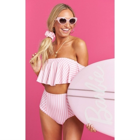 💕SHOW ME YOUR MUMU💕 Barbie Bindi Ruffle Bikini TOP ~ Skipper Stripe Pink/White - Picture 2 of 8